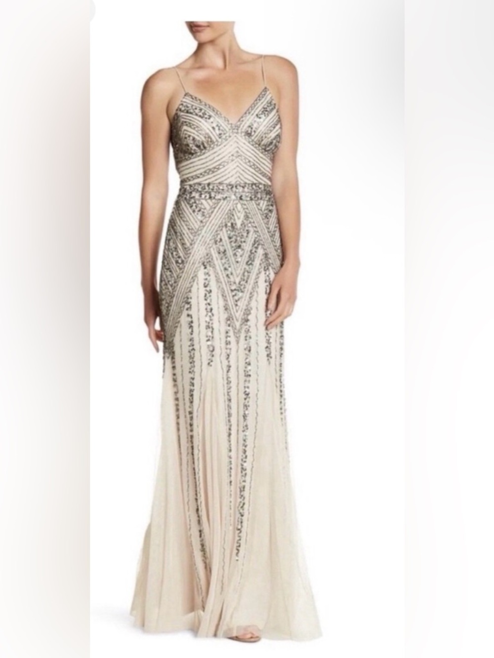 NWT- Marina Embellished Cream Mesh Evening Gown - Picture 3 of 5
